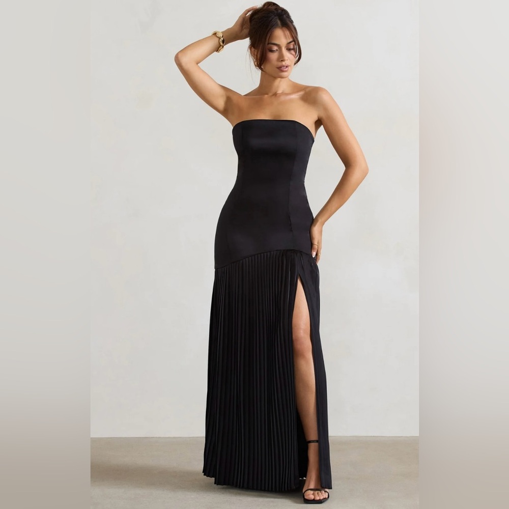 Club L London- Confidence | Black Satin Bandeau
Pleated Split Maxi Dress